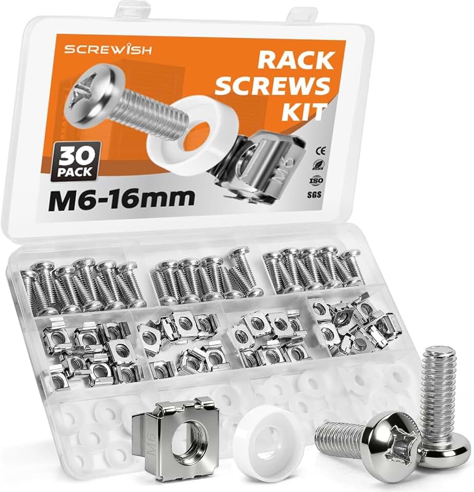 M6 x 16mm Rack Screws Kit, Cage Nuts, 30 Sets, Silver