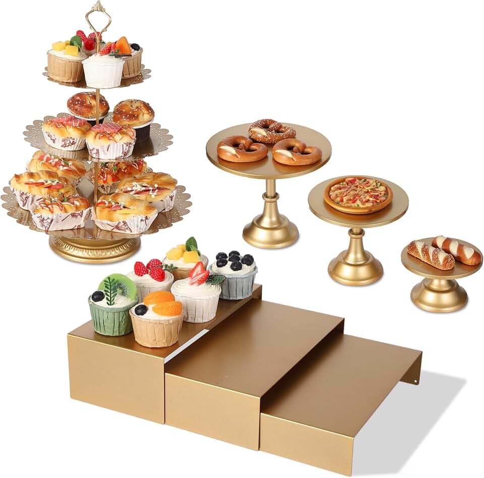 Takywep Elegant 7-Piece Metal Cake Stand Set – 3-Tier Cupcake Holder & Round Dessert Display Risers – Rust-Proof Gold Serving Trays for Wedding, Birthday, Party, Afternoon Tea – 30cm