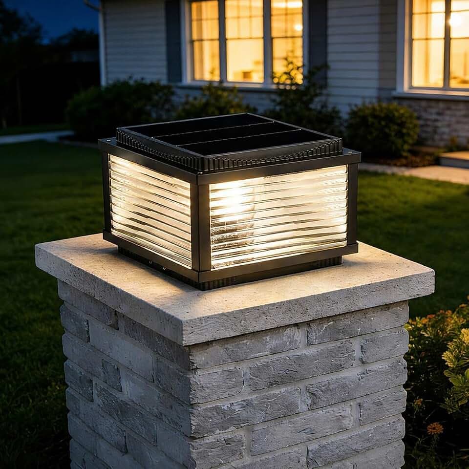 Outdoor Solar Column Lights Modern Tri Color Dimming Solar Post Cap Lights IP65 Waterproof Fence Deck Column Cap Light External Post Lights Aluminum Pillar Light Landscape Lighting Fixture