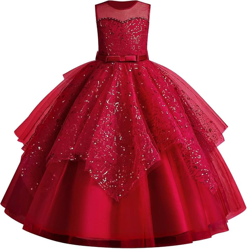 IDOPIP Kleid für Kinder, Mädchen, Hochzeit, Spitze, Tüll, ohne Ärmel, Stickerei, Perlen, Schleife, Brautjungfer, Geburtstag, Party, Prinzessin, lang, Ballkleid, Abendkleid