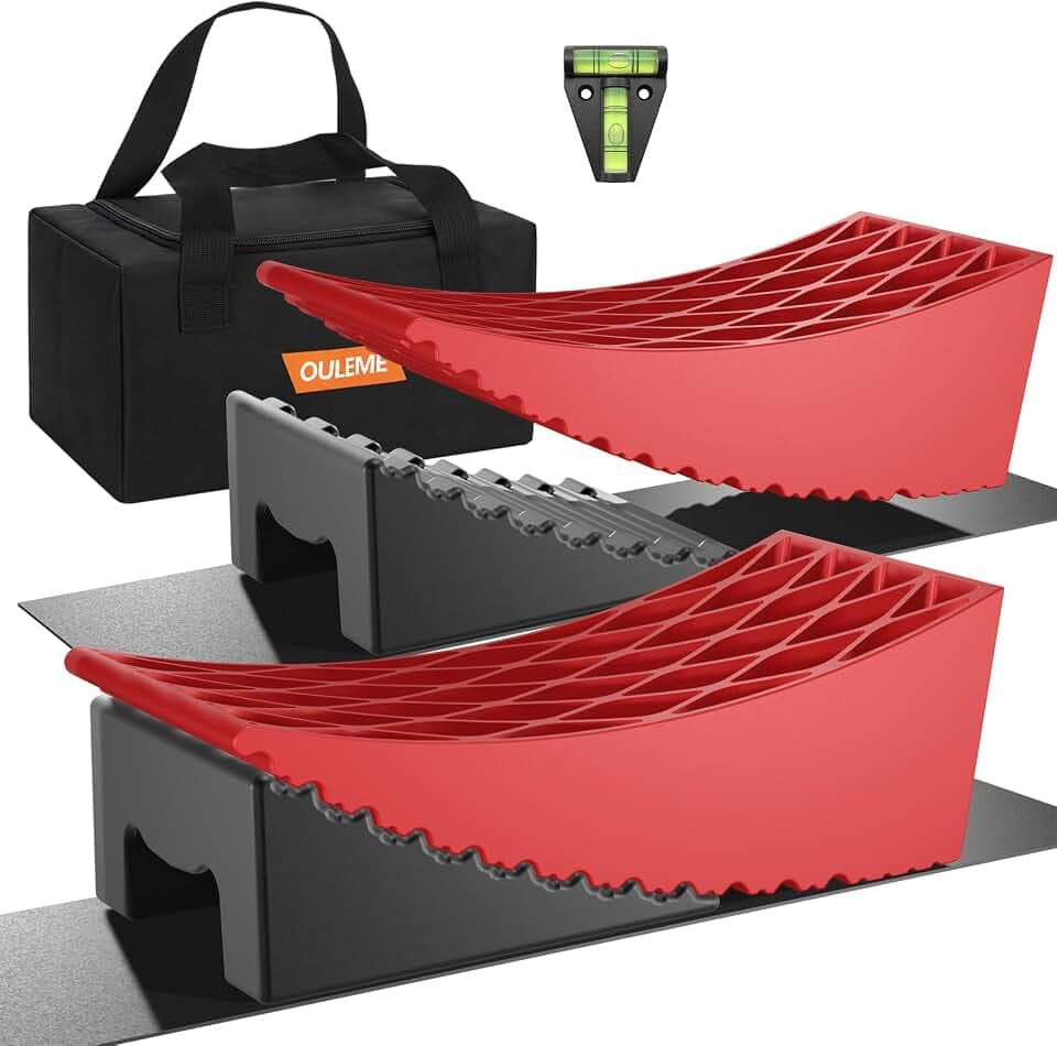 OULEME 2 PK RV Leveling Blocks, Dual Axle Trailer Curved Leveler Ramp, Red
