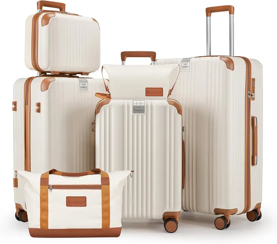 Luggage Set 6 Piece Luggage with PC+ABS Hardshell TSA Lock Spinner Wheels Carry on Lightweight Suitcase Cup Holder，YKK Zippers and Hoot(Beige, 6 piece sets（14/20/24/28/DB/TB）)