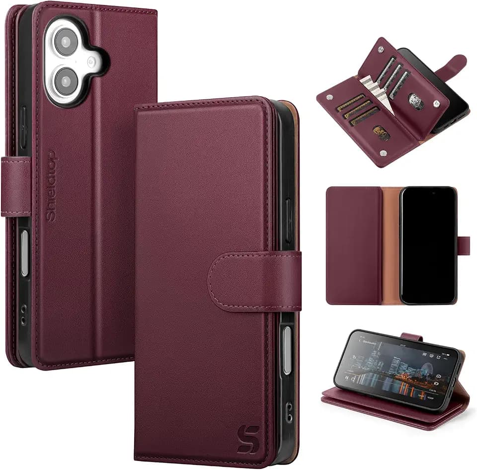 Shieldtop for iPhone 17 Wallet Case with Card Holder,Wine Red