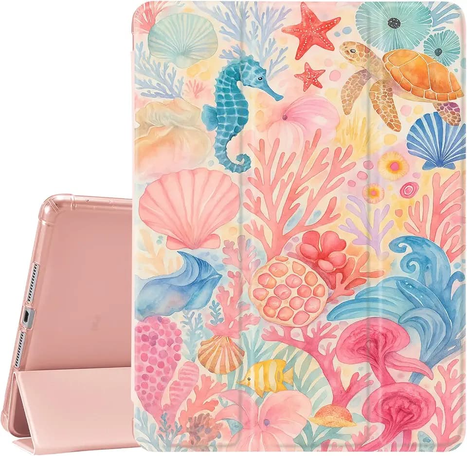 JOYLAND for iPad 7th/8th/9th Generation Case (2019/2020/2021) 10.2 inch with Pencil Holder-Auto Wake/Sleep,Marine Life Pattern Anti-Scratch Shockproof Premium Folio Stand Case,Pink