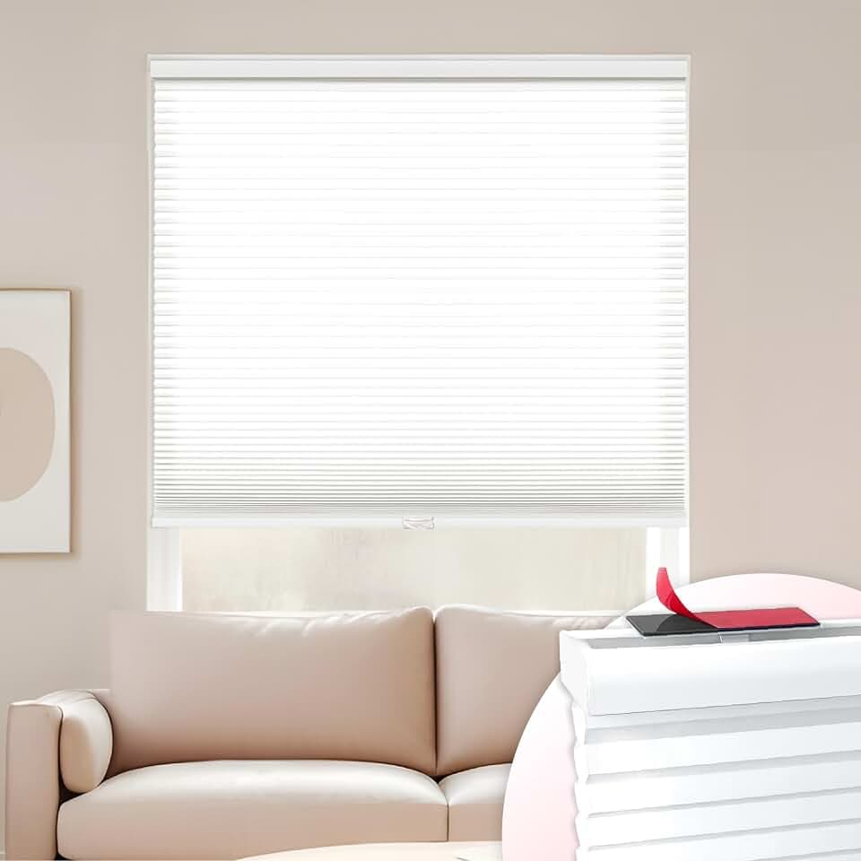 DEZ FURNISHINGS EZ Stick No Drill No Tools Cordless 1" Light Filtering Cellular Shade, 39" W x 60" H, White