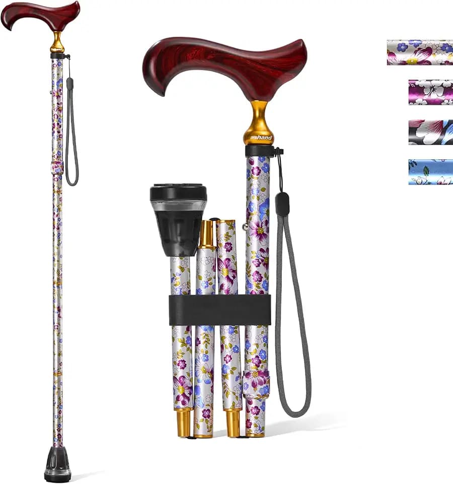 Rehand Walking Cane for Women & Men - 5 Level Adjustable Height，Foldable，Lightweight，Floral，Wooden Handle ，Collapsible Walking Sticks for Seniors & Adults