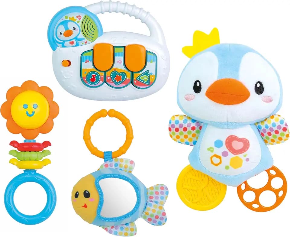 Winfun Newborn Baby Gift Set – Musical Keyboard with Lights & Melodies, Penguin, Fish & Blossom Rattles – Sensory Development & Early Learning Toy for Newborns & Infants, Gender Neutral with Batteries