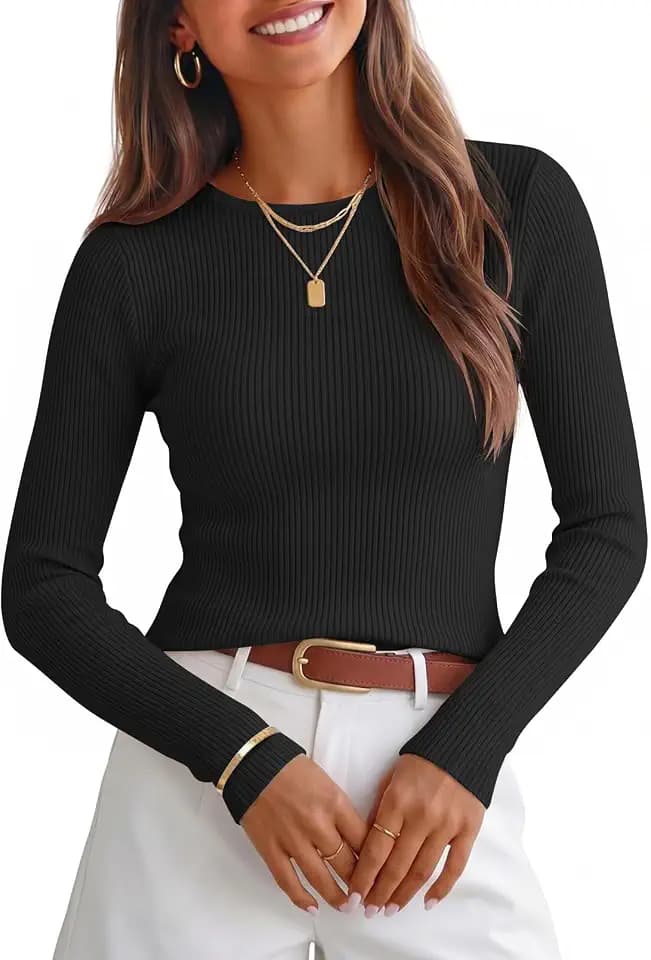 ZESICA Womens 2026 Fall Long Sleeve Crewneck Tops Slim Fit Sweaters