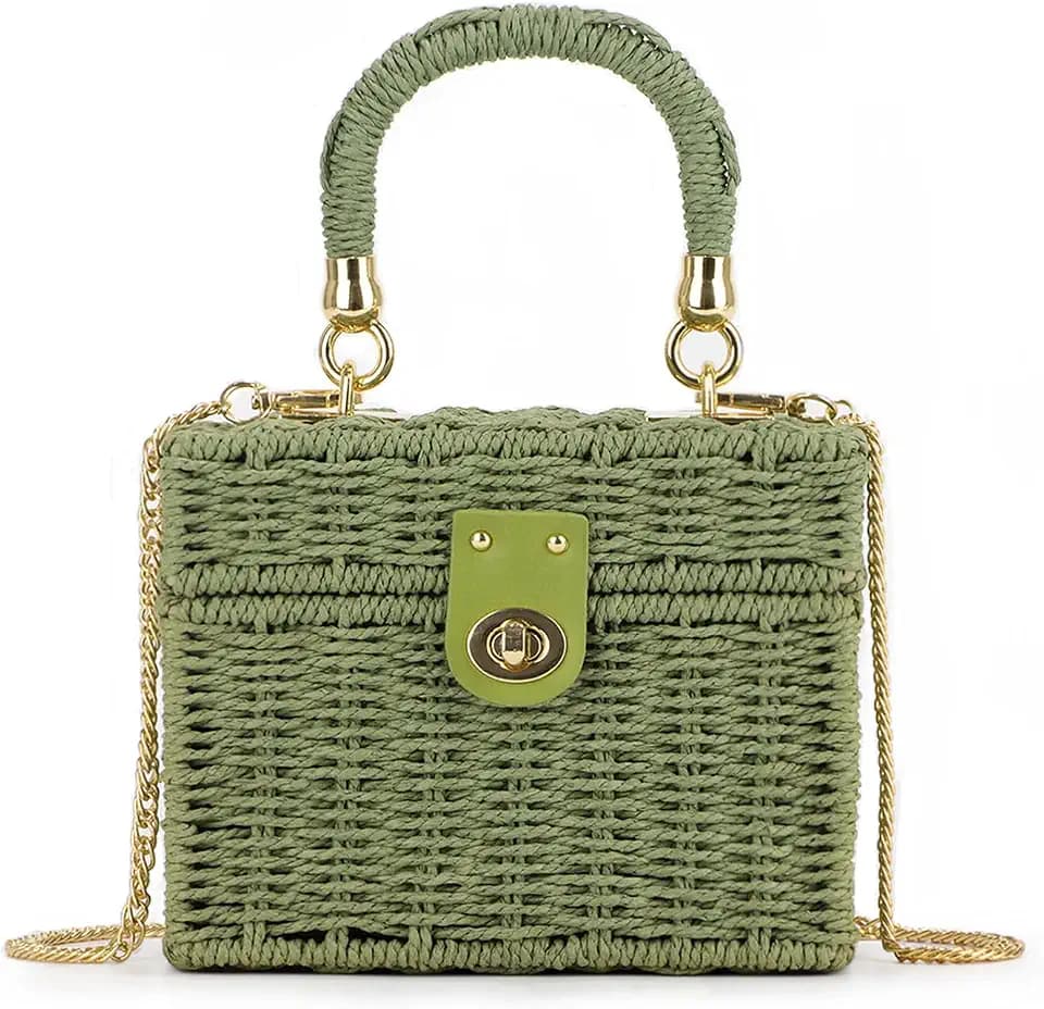 KUANG! Handwoven Rattan Bag for Women Woven Straw Square Crossbody Bag Vintage Basket Purse Beach Tote Bag