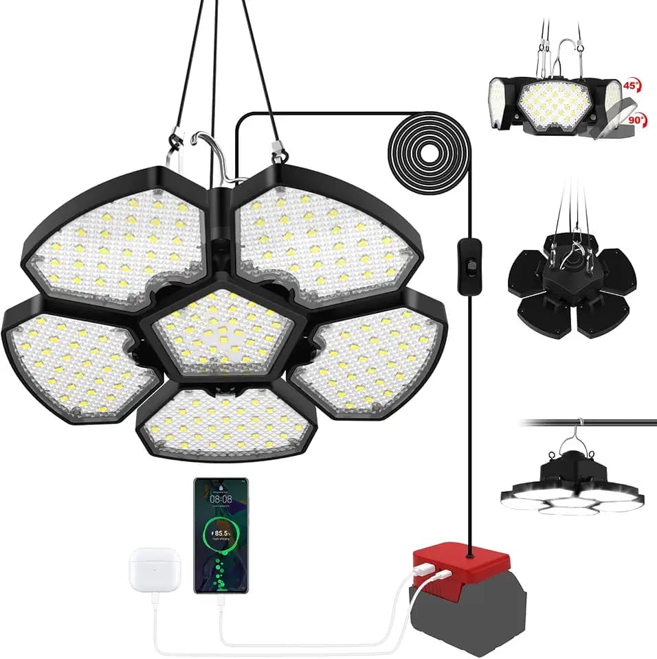 T-SUN LED Akku Lampe, kompatibel mit Milwaukee M18 18V Akkus(Ohne Akku) | 60W Hängen LED Arbeitsleuchte, Kabellose Tragbarer baustrahler, 2 Lichtmodi mit USB und Typ-C für Camping,Keller, Garage