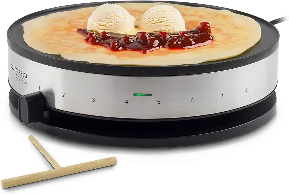 CASO CM 1300 - Crêpes Maker, Testsieger Haus & Garten Test, Antihaft‐Beschichtung, Schieberegler, inkl. Teigverteiler und Crêpes‐Wender aus Holz, Schwarz, Edelstahl