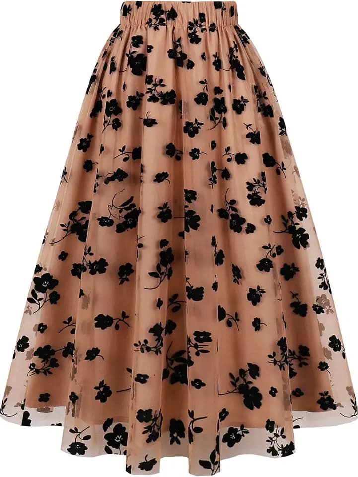 AXOE Damen Tüllrock Midi mit Blumenstickerei 3-Lagiger A-Linien Sommerrock Elegant Gummizug Romantischer Boho Mesh Rock für Hochzeit, Party & Festliche