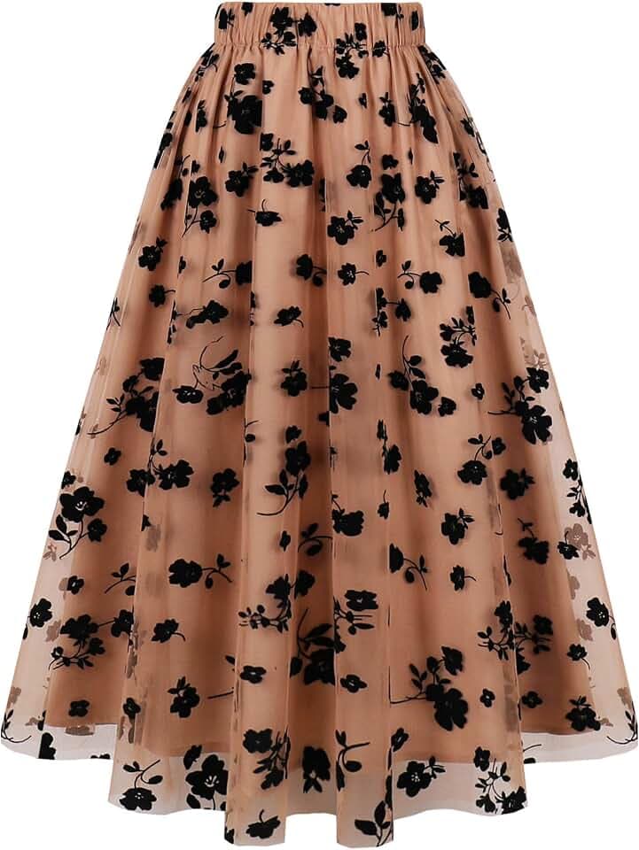 AXOE Damen Tüllrock Midi mit Blumenstickerei 3-Lagiger A-Linien Sommerrock Elegant Gummizug Romantischer Boho Mesh Rock für Hochzeit, Party & Festliche