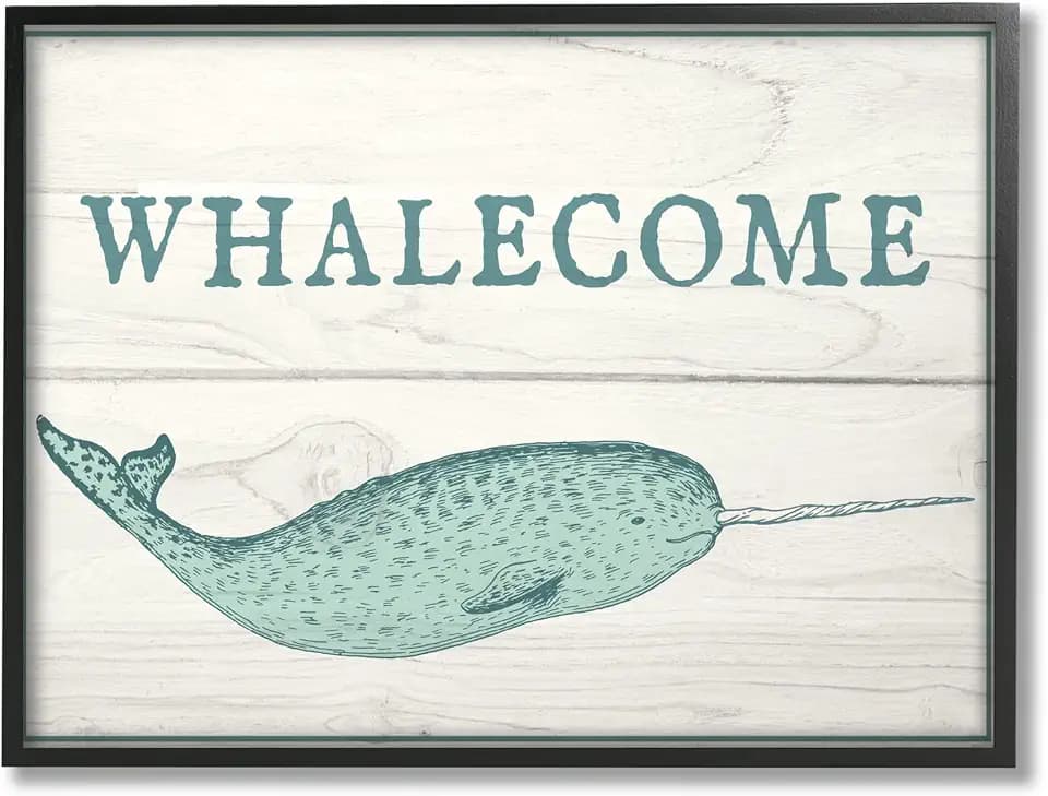 'Blue and White Whalecome Welcome Narwhal'| Framed Giclee Art