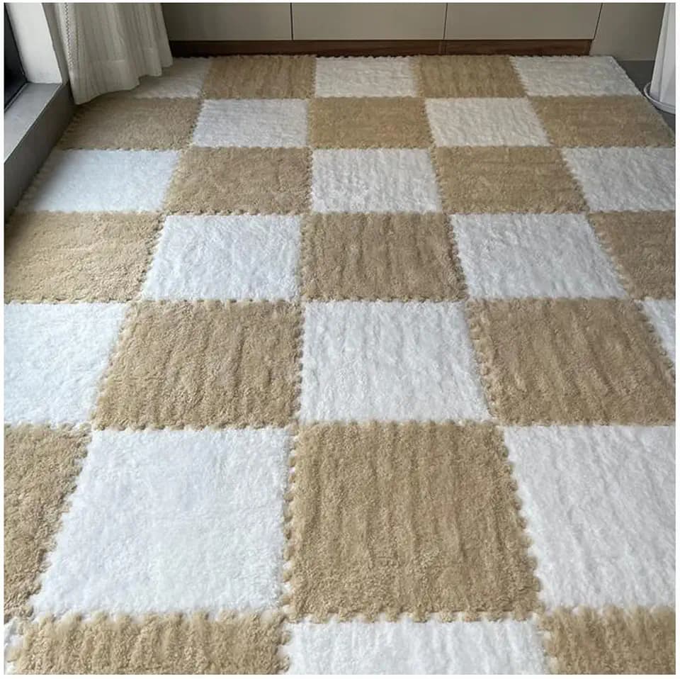 12 Pieces Thickened Plush Foam Interlocking Floor Mat,Fluffy Square Foam Tiles with 12 Edgings,Soft Anti-Slip Puzzle Area Rug Playmat for Bedroom,12X12inch,12 Tiles/11.6 Sq.Ft,Camel+White