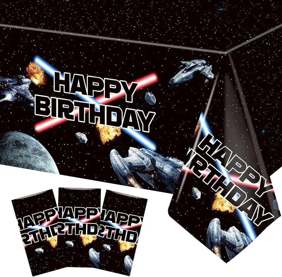 3 Pieces Space Battleship Wars Themed Birthday Party Decorations Tablecloth, Large Size 54 x 108 Inch Rectangular Plastic Table Cloth Star Galaxy Universe Starship for Boys Kids Party Decorations