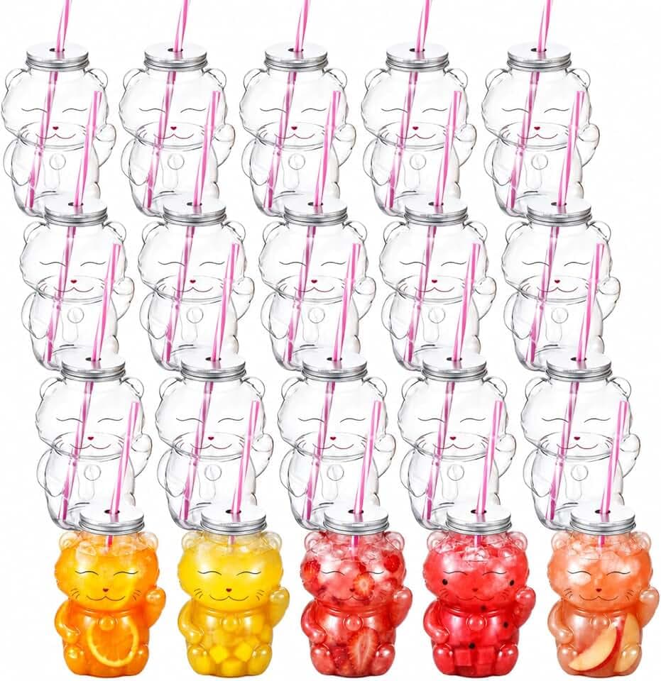 Sliner 20 Set Lucky Cat Plastic Bottles with Straws Caps