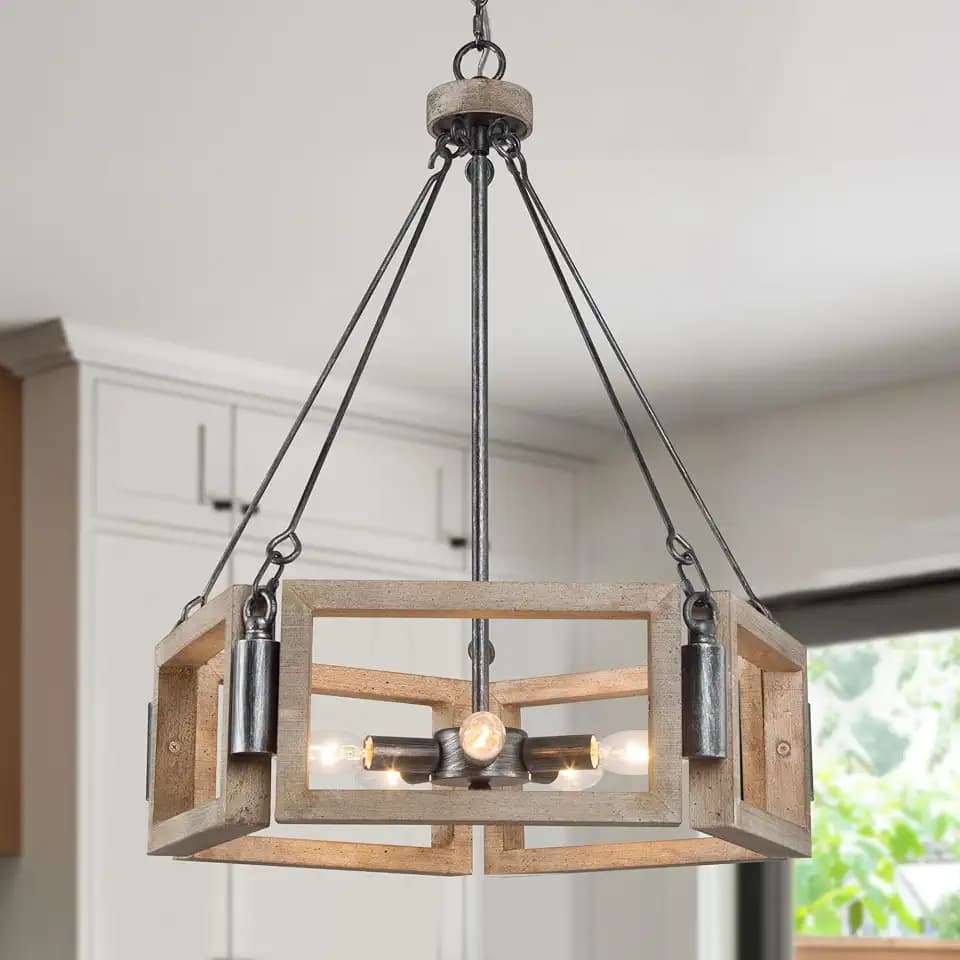 LALUZ Farmhouse Chandelier, Wood Round Wagon Wheel 6-Light Chandelier for Dining Room, Living Room, Bedroom, and Foyer