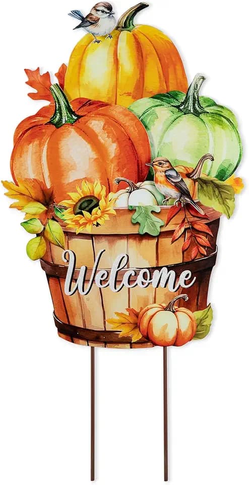 Glitzhome Fall Decorations Outdoor 30.25" Metal Pumpkin Barrel Yard Stake or Hanging Sign for Home Outside Garden Lawn Porch Thanksgiving Decorating