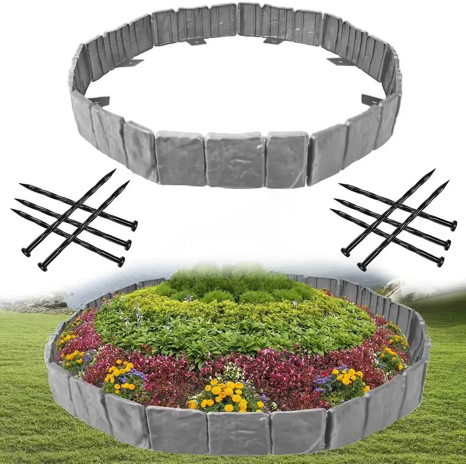 Garden Edging Border with Anchoring Spikes,Plastic Landscape Edging Border Imitation Stone Fence for DIY Outdoor Yard Landscaping (40pcs/32 FT, Gray)