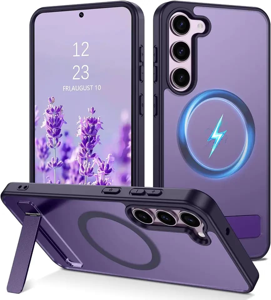 VENINGO Galaxy S23 Case with Stand,Kickstand Translucent Matte Slim Anti-Fingerprint Shockproof Protective Magnetic Phone Case for Samsung Galaxy S23 6.1",Deep Purple