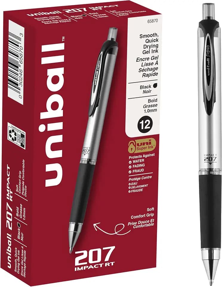 uniball™ 207 Impact Gel Pens, Bold Point (1.0mm), Black, 12 Pack