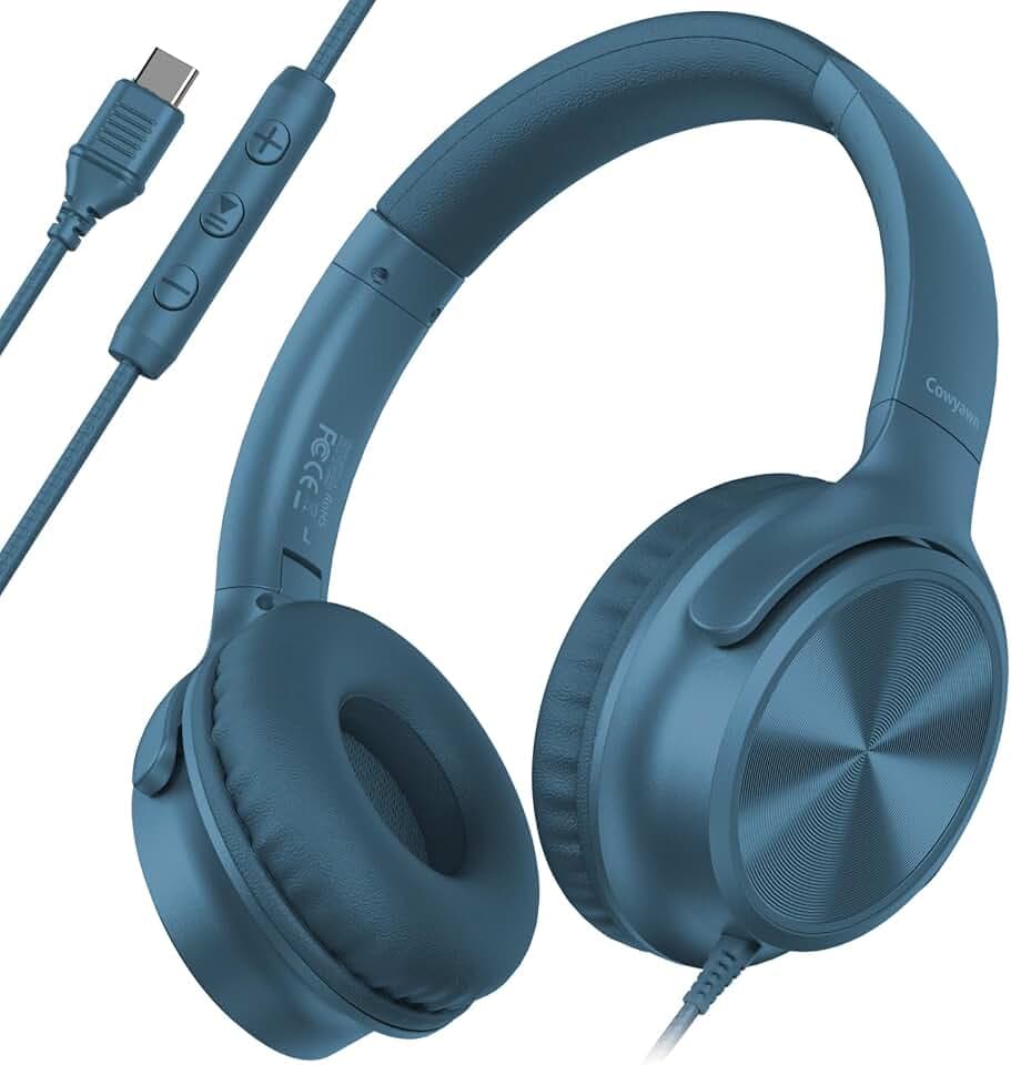 Cowyawn USB C Headphones Wired, Over Ear USB C Wired Headphones with Microphone, Volume Control, HD Stereo Sound, Foldable USB Type C Headphone for Adult/Teens/Laptop/Computer/iPhone 15/16/17, Blue