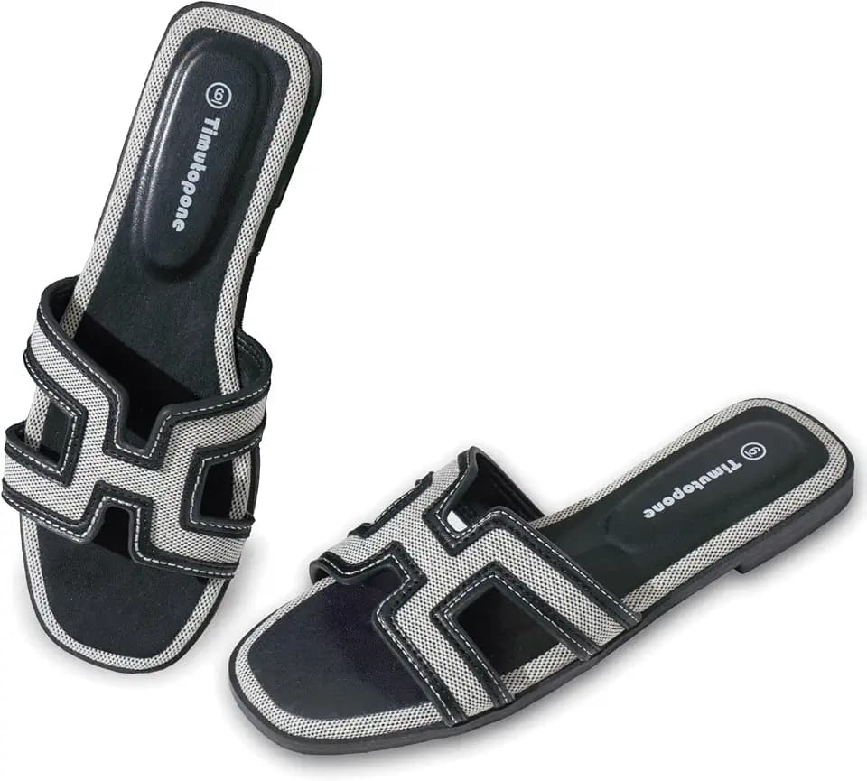 H Flat Sandals for Women Dressy Lightweight Comfortable Slide Sandal Fashion Summer Trendy Casual Slip-On Shoes