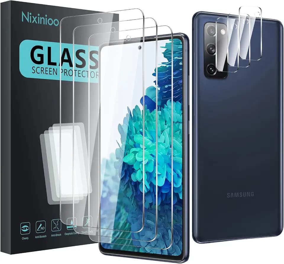 3 Pack Tempered Glass Screen Protector for Samsung Galaxy S20 FE + 3 Pack Camera Lens Protector, Anti-Fingerprint, 9H Hardness, Scratch Resistant, Easy to Install, Case Friendly