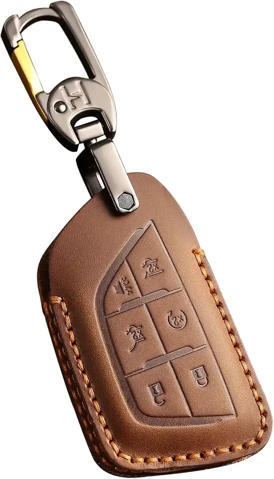 6 Buttons Leather Key Fob Cover, Compatible with Cadillac Escalade CT4 CT5 CT6 XTS XT4 XT5 ATS Lyriq 2020-2026 2027, Retro Style Design Key Holder Protector, Brown
