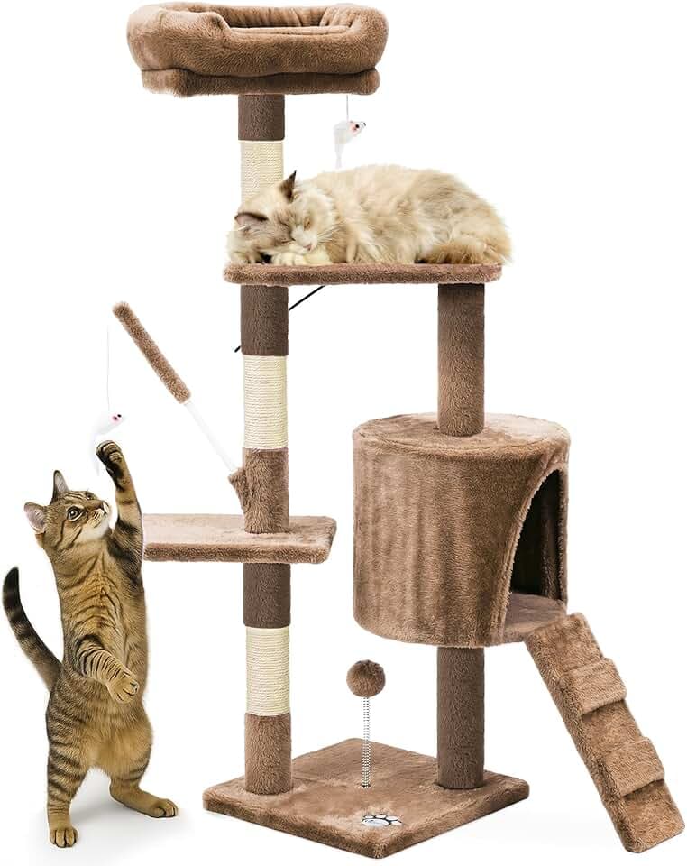 VOUNOT® Kratzbaum Katzenbaum 112 cm hoch, Stabil Mehrstöckiger Kletterbaum Katzenkratzbaum mit Kratzsäulen Plattformen Höhle und Spielzeug, Braun