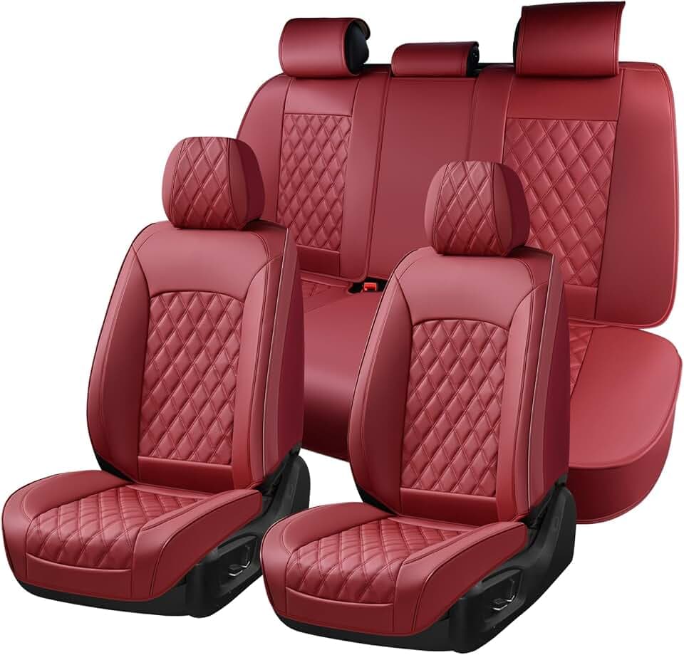 Huidasource Red Seat Covers, Car Seat Covers Nappa Leather Universal Fit for Most Cars, Vans, Trucks, SUVs, Compatible with Airbags, Child Seat, Automotive Seat Covers Velcro Adjustable (Full Set/Red)
