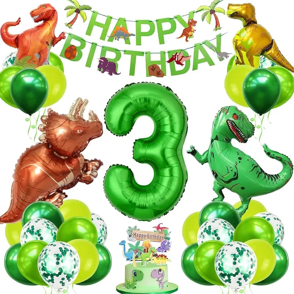 Dino Geburtstag Deko Set, 3 Jahre Kindergeburtstag Dino Ballons, XXL Dinosaurier Folienballon Grün, Zahlenballon 3 Geburtstag mit Happy Birthday Banner für Junge Mädchen Geburtstag Party Deko