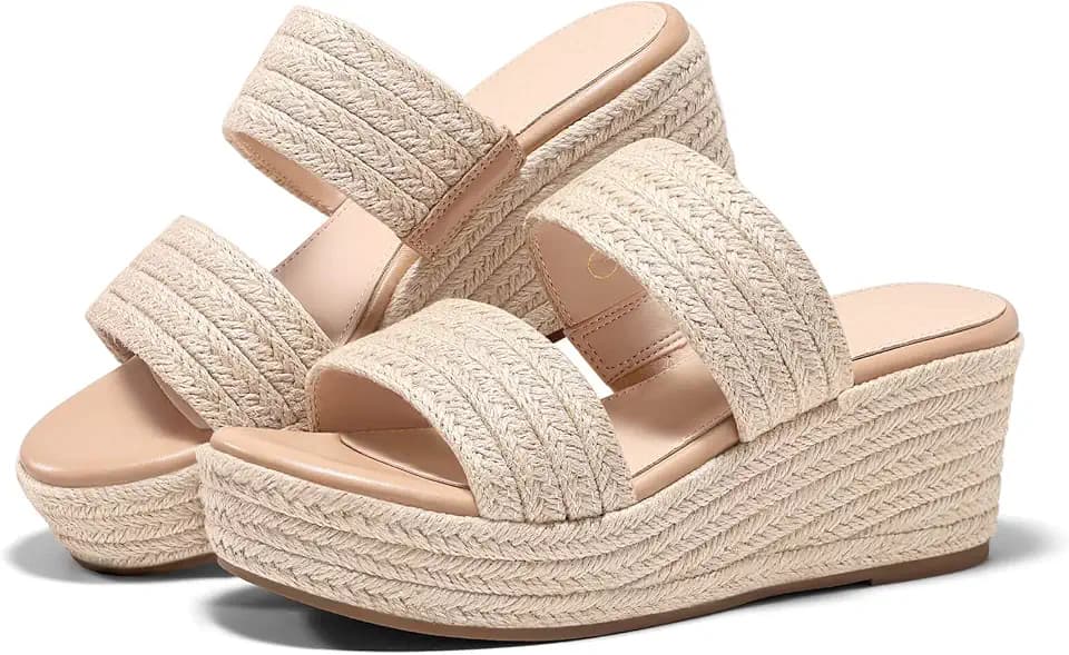Coutgo Womens Platform Wedge Sandals Espadrille Raffia Heeled Slides Open Toe Two Band Beach Vacation Shoes (Choose Size Down