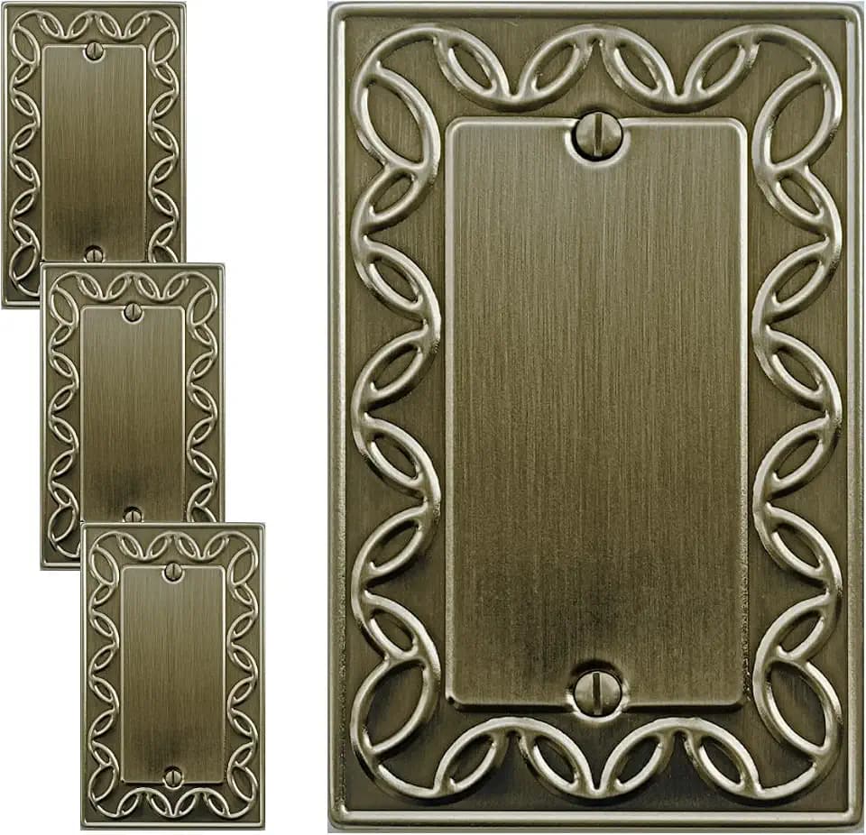 OKAWYC Single Blank Light Switch Cover NovaBloom Metal Wall Plate, 4-Pack Antique Brass 1 Gang, Light Switch Cover Outlet Cover Decorative Wallplate, Durable
