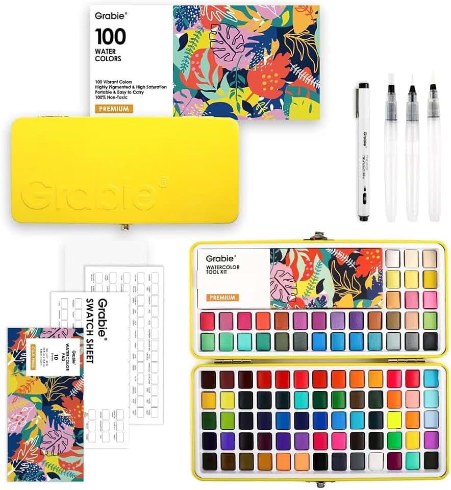 Grabie Set of 100 Color Watercolor Paint Set with Brush Pens