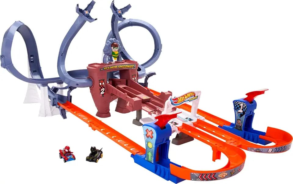 HOT WHEELS RaceVerse - Spider-Mans Netzschleuder-Rennstrecke, 1 x Spider-Gwen und 1 x Spiderman Die-Cast-Fahrzeug, Schnellstarter, für Kinder ab 4 Jahren, HPL34