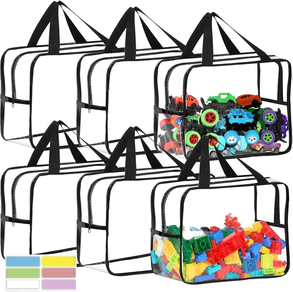 6 Pcs XL Toy Storage Bags Widen Waterproof Clear Toy Organizer with Labels