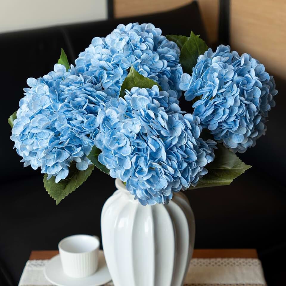 DUYONE 4PCS Künstliche Blumen Große Hortensien Blumen Latex Bouquet für Hochzeit Braut Büro Home Party Dekoration (4Pcs Blau)