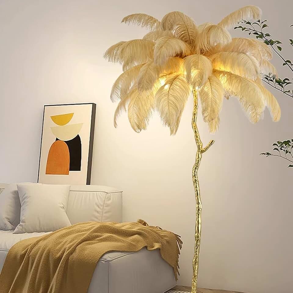 JAYMP Ostrich Feather Floor Lamp for Living Room Sofa Bedside Standing Reading Lamp Elegant Romantic Beautiful (Height 67 inches/ 35 Feathers, Khaki)