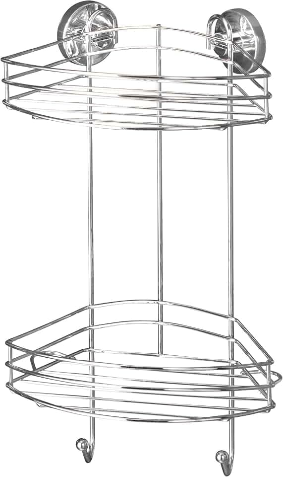 WENKO Vacuum-Loc Eckregal 2 Etagen Chrom, Duschablage mit 2 Ebenen und 2 Haken, Befestigen ohne Bohren mit Vakuum, Verchromtes Metall, 24,5 x 41 x 16 cm
