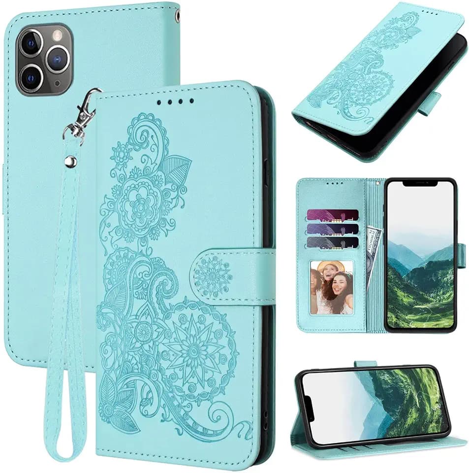 for iPhone 11 Pro Max Case Wallet Cute Floral Pattern (Teal)