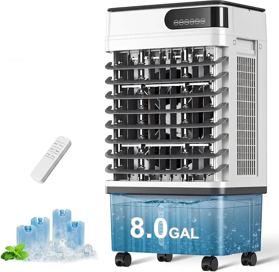 Uthfy Swamp Cooler, 36 Inch Evaporative Air Cooler with 8 Gal Water Tank, 2500 CFM, 120° Oscillation, 3 Modes & 3 Speeds, Remote, 12 H Timer, 4 Ice Packs, Portable Air Conditioner for Indoor