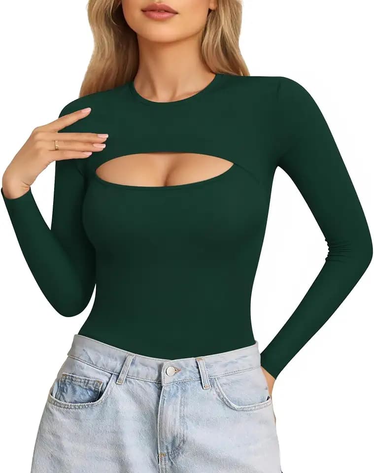 ALGALAROUND Women's Cutout Tops Basic Long Sleeve Round Neck Slim Fit T-Shirts