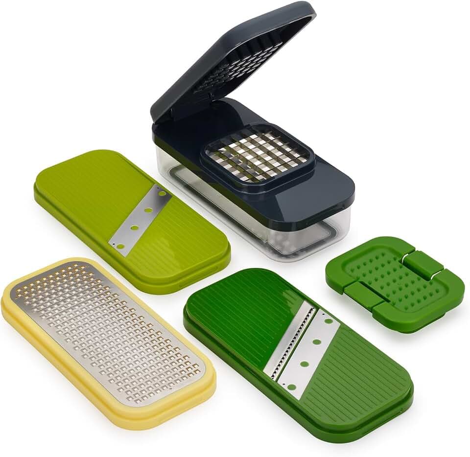 Joseph Joseph Multi-Prep Compact 4-in-1 Multifunktionsset, Gemüsehobel, Zwiebelschneider, Pommesschneider, Käsereibe, Madonline, Julienne-Schneider mit Behälter