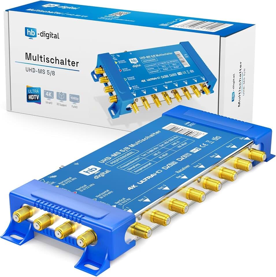 hb-digital 5/8 Multischalter mit externem Netzteil für 8 Teilnehmer und 1 Satellit – nur für Quattro LNB geeignet UHD 4K Full HD DVB-S/S2 – terrestrischer Eingang – vergoldete F-Anschlüsse