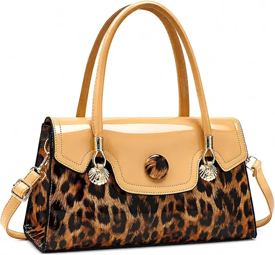 Shiny Leopard Print Handbag for Women Leather Tote Bag Convertible Shoulder Bags Purses