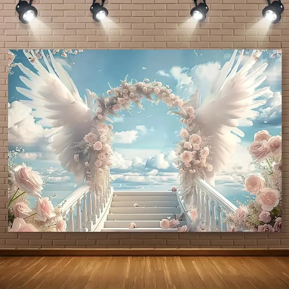 Angel Wing Sky Cloud Floral Pink Rose Arch Heaven Staircase Backdrop,7x5ft
