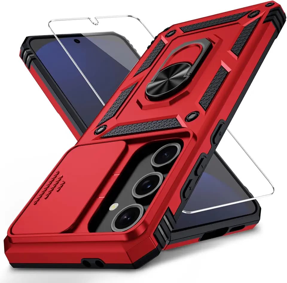 for Samsung Galaxy S25 Plus Case with Camera Lens Cover, HD Screen Protector, 10 FT Military Grade Drop Protection, Magnetic Ring Holder Kickstand Protective Phone Case, Red