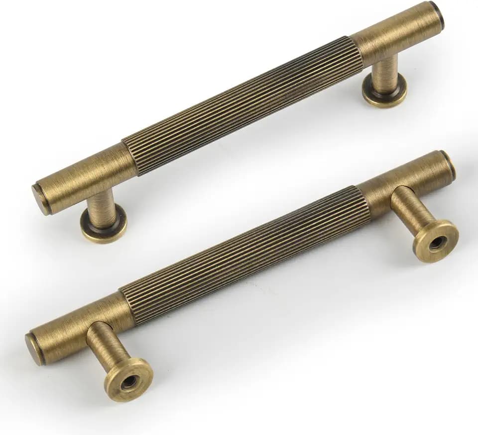 SALISENG 5 Pack Antique Brass Kitchen Cabinet Pulls, 3-3/4 Inch Solid Brass Dresser Drawer Handles， Modern Door Pulls for Cupborard Wardrobe Closet Vanity Furniture Hardware